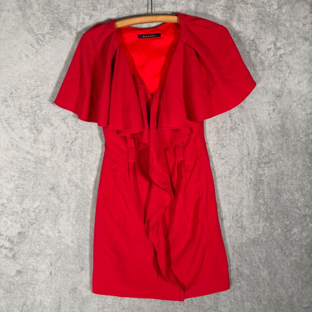 Black Halo Red Ruffle Capelet V-Neck Sheath Cocktail Dress Size 4 Cape Sleeve